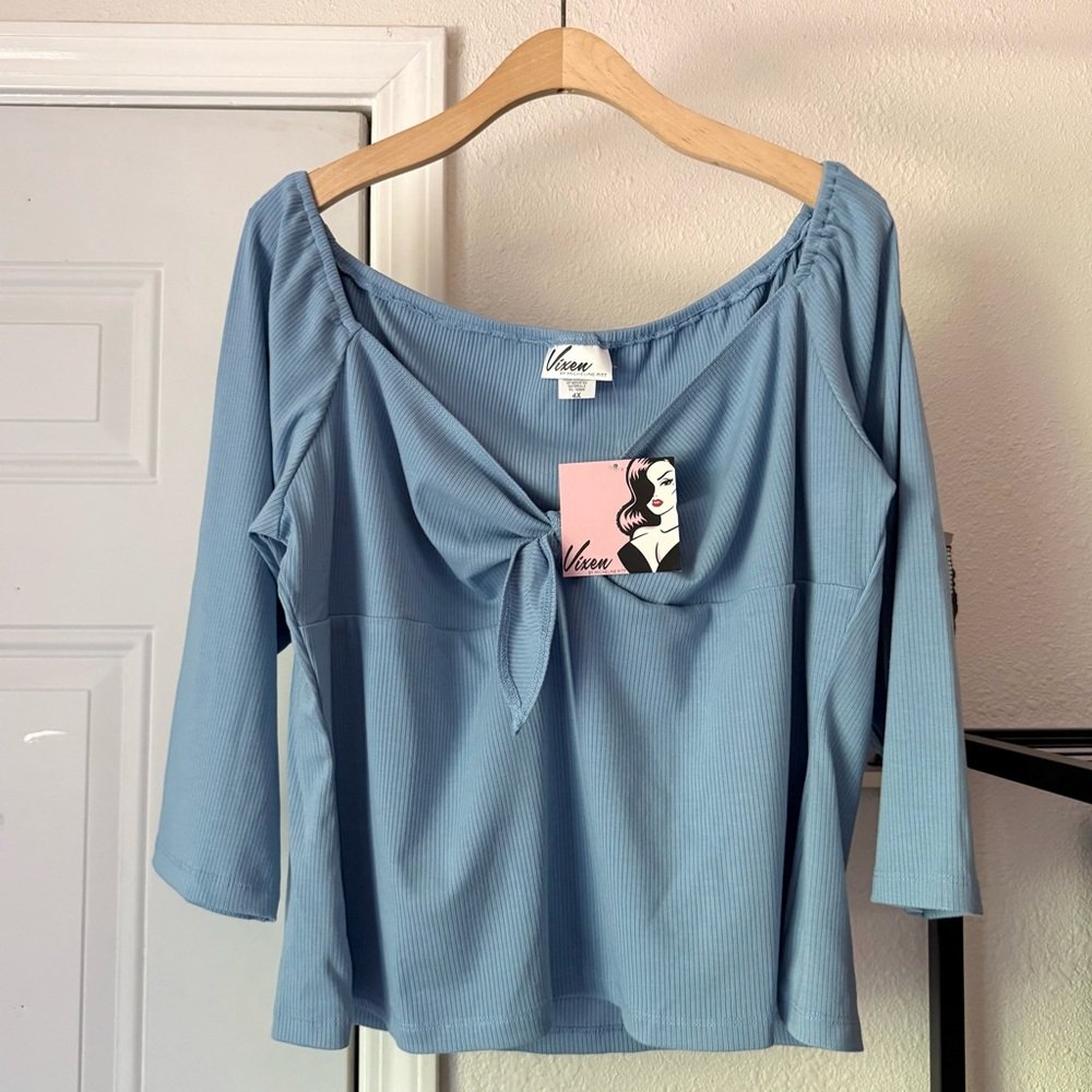 NWT VIXEN BY MICHELINE PITT dusty blue‎ rib ribbed tie front mod pinup retro top